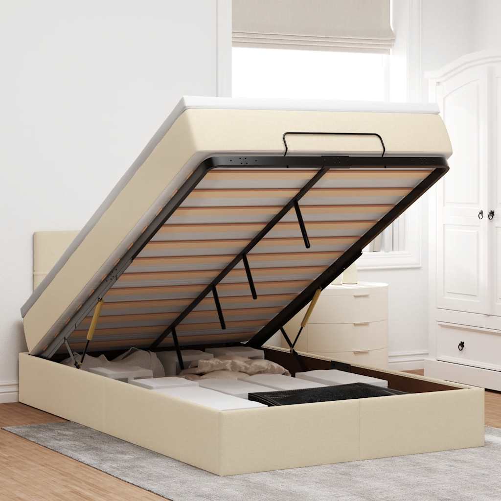 Cama otomana com colchão & leds 120x190cm tecido creme