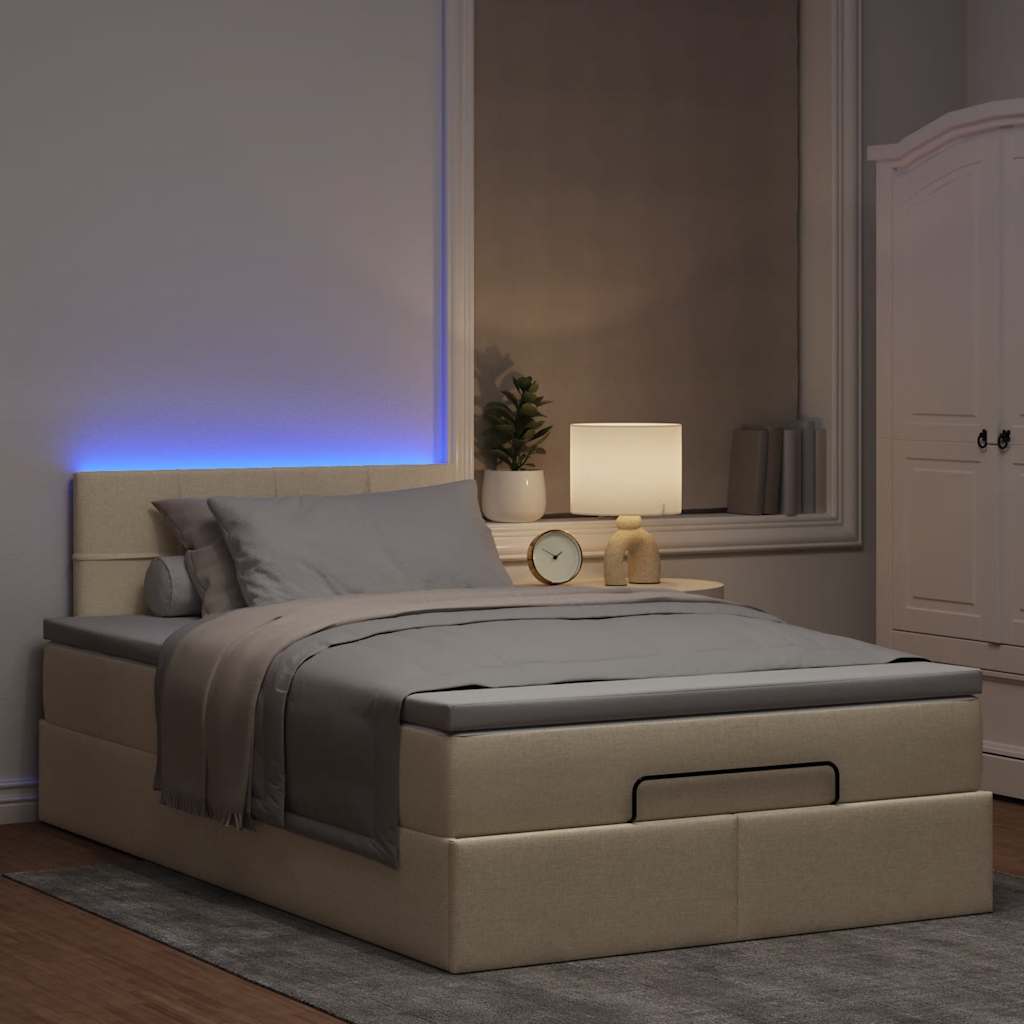Cama otomana com colchão & leds 120x190cm tecido creme