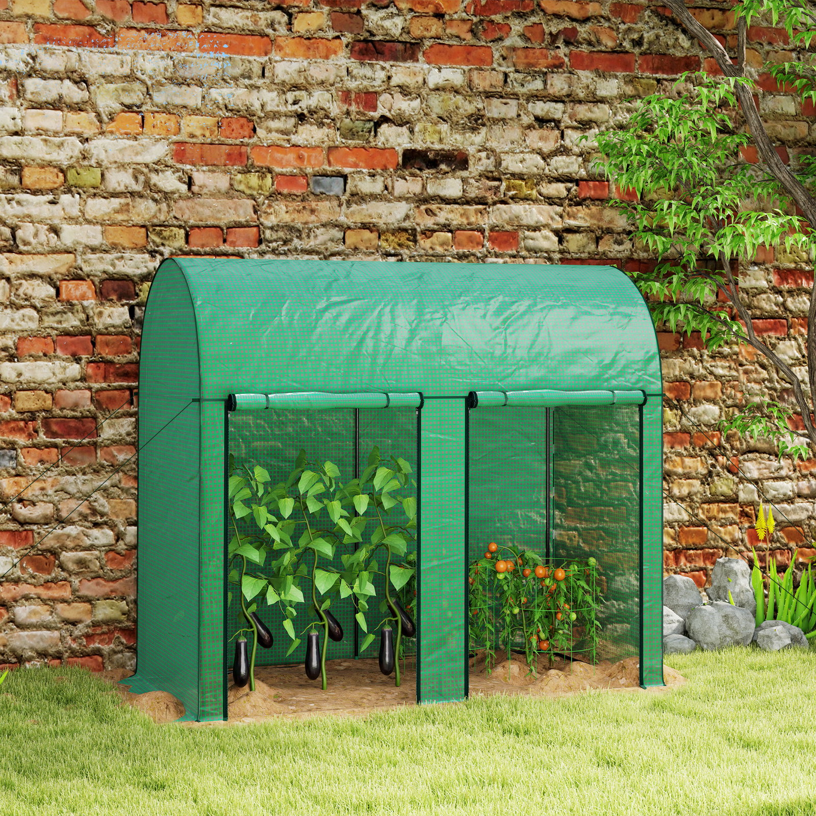 Estufa pequena estufa de exterior com porta dupla com fecho de correr e cobertura de PE 200x100x178 cm verde
