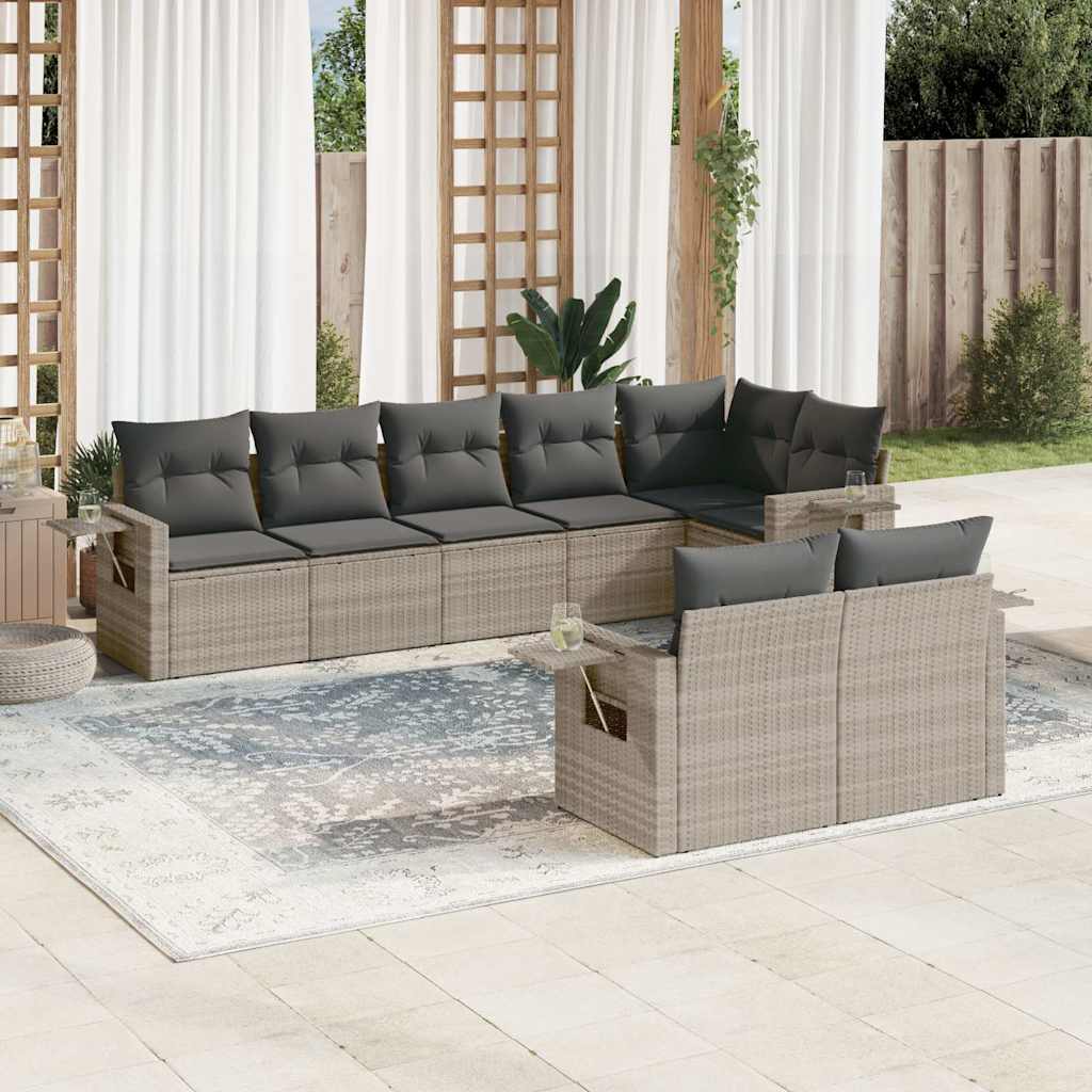 8 Pcs conj. sofás jardim c/ almofadões vime PE cinzento-claro