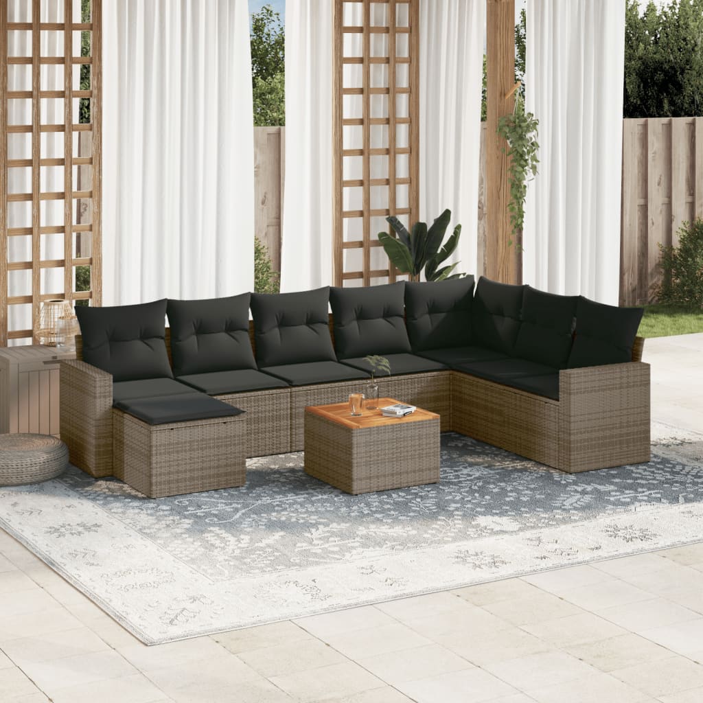 9 Pcs conjunto sofás p/ jardim com almofadões vime PE cinzento