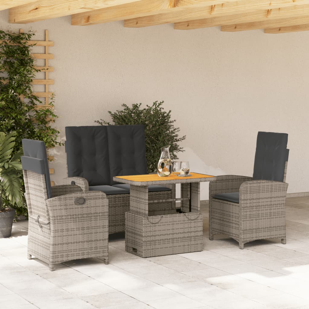 4 Pcs conjunto de jantar p/ jardim c/ almofadões vime PE cinza