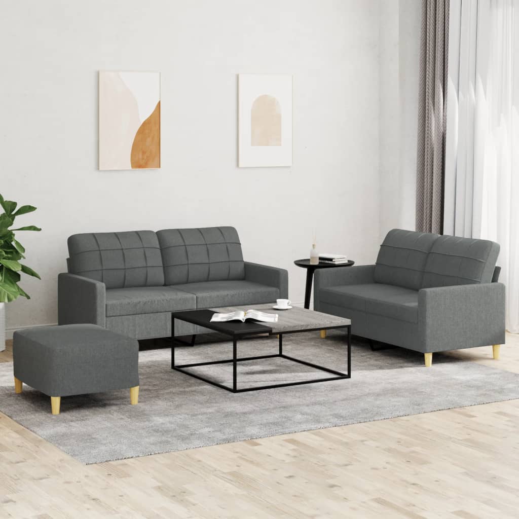 3 Pcs conjunto de sofás com almofadões tecido cinzento-escuro