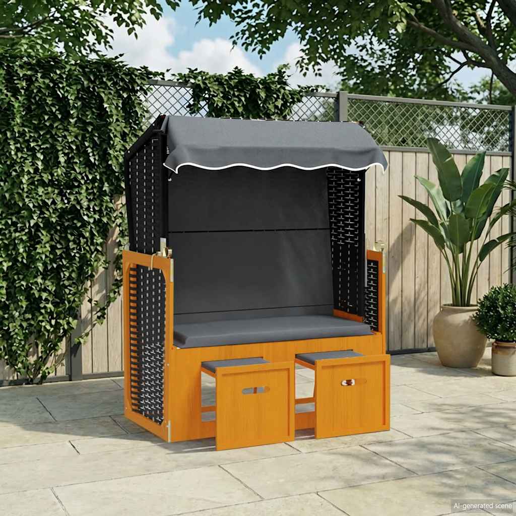 Strandkorb com toldo vime PE e madeira maciça preto e antracite