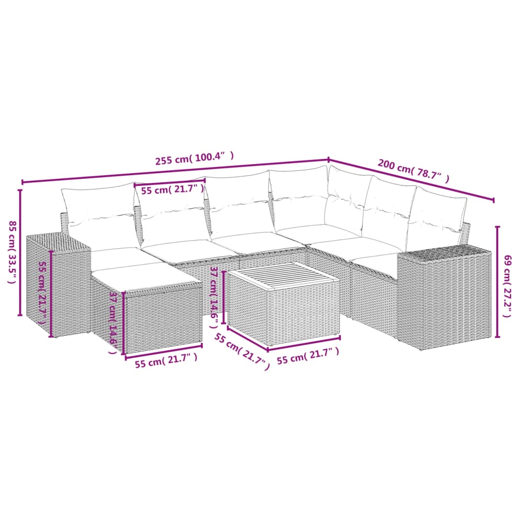 8 Pcs conjunto sofás de jardim com almofadões vime PE preto