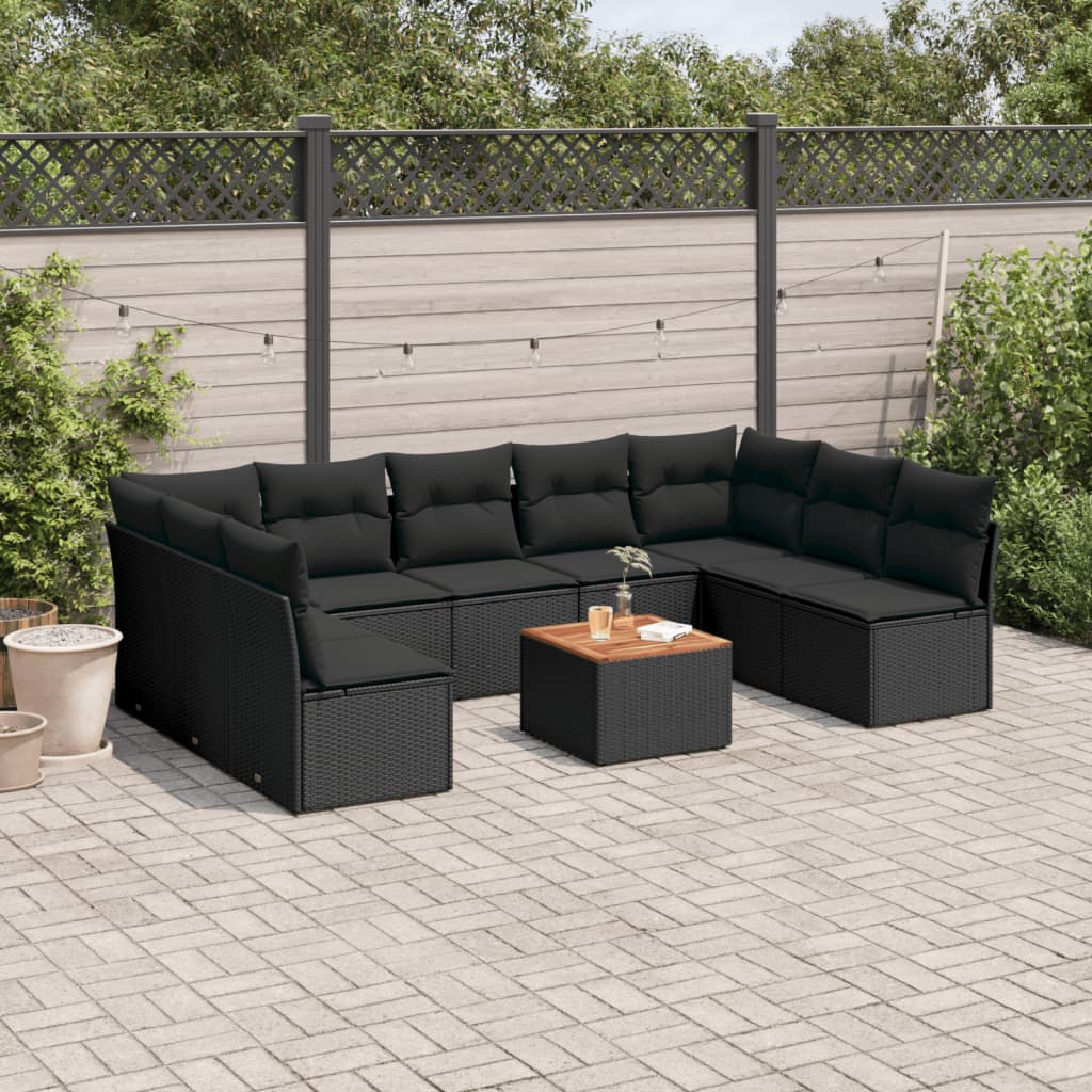 10 Pcs conjunto sofás de jardim c/ almofadões vime PE preto