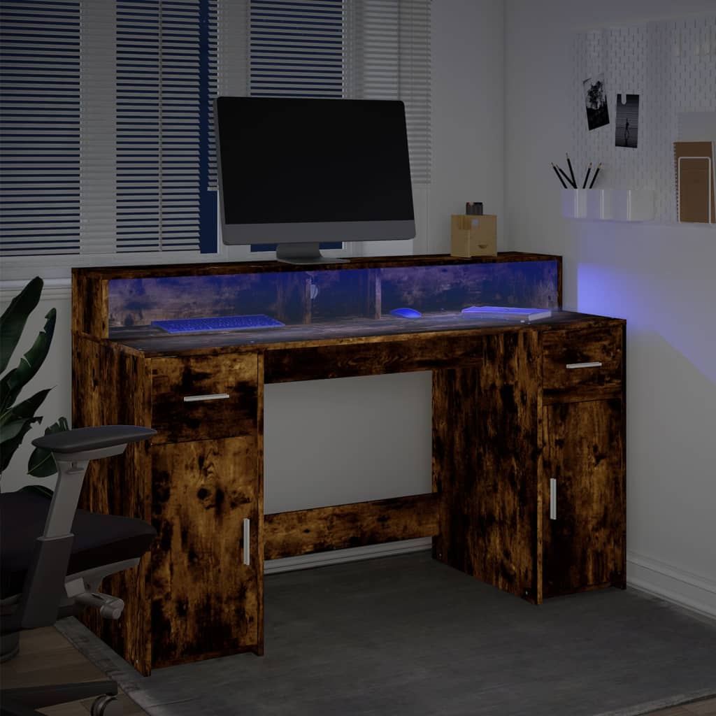 Secretária luzes LED 140x55x91cm deriv. madeira carvalho fumado