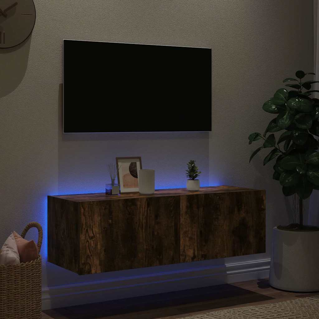 Móvel de parede p/ TV c/ luzes LED 100x35x31 cm carvalho fumado