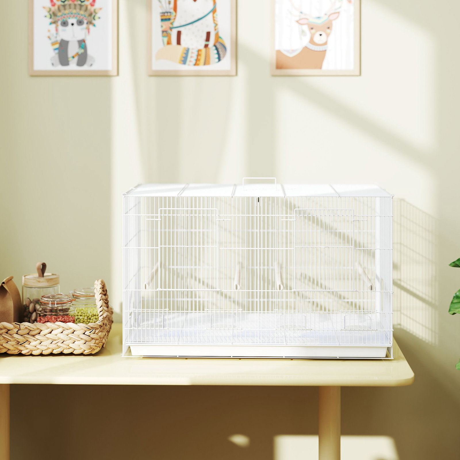 Gaiola para pássaros com divisória gaiola para aves com 4 comedouros 4 poleiros e bandeja amovível 76x46x46 cm branco