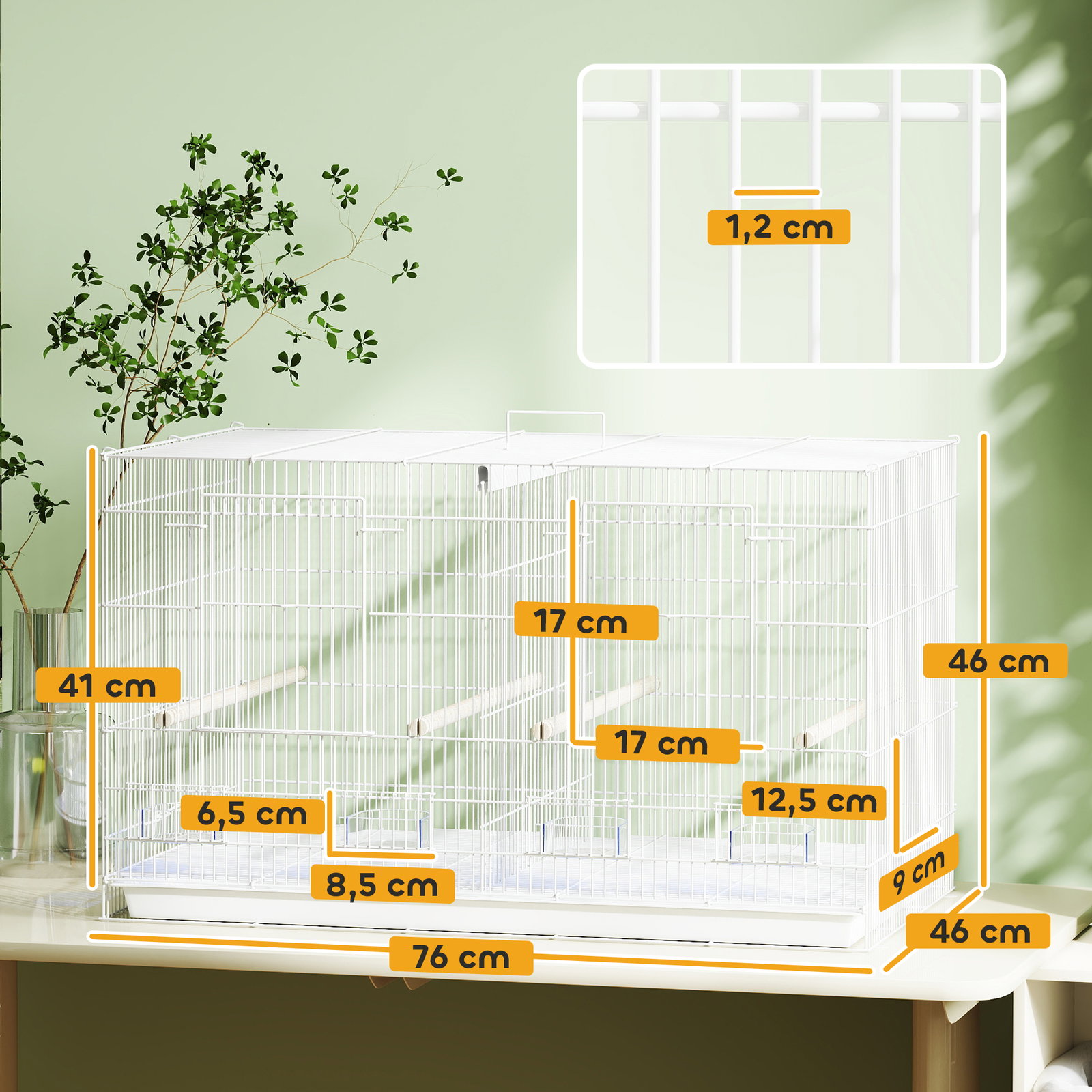 Gaiola para pássaros com divisória gaiola para aves com 4 comedouros 4 poleiros e bandeja amovível 76x46x46 cm branco