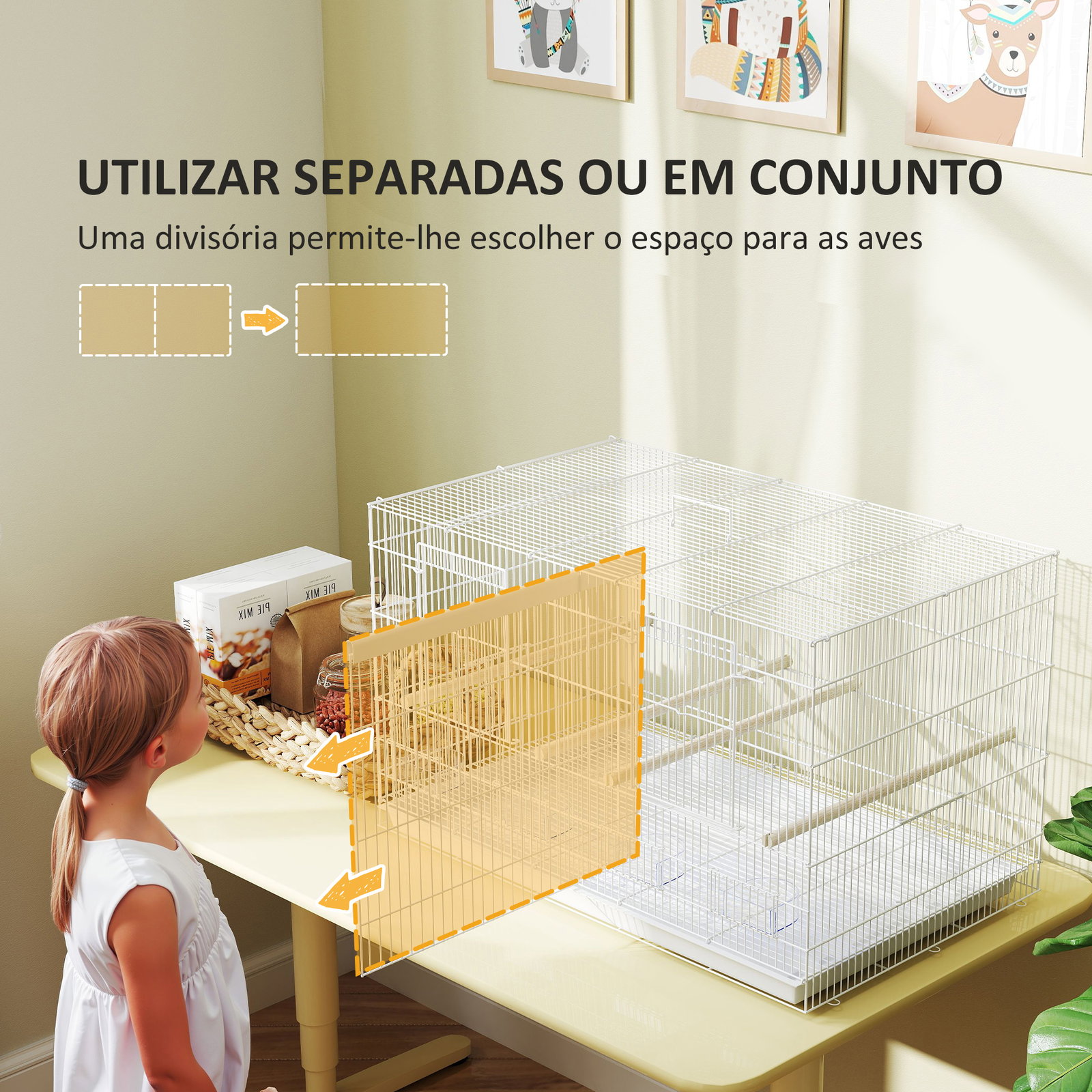 Gaiola para pássaros com divisória gaiola para aves com 4 comedouros 4 poleiros e bandeja amovível 76x46x46 cm branco