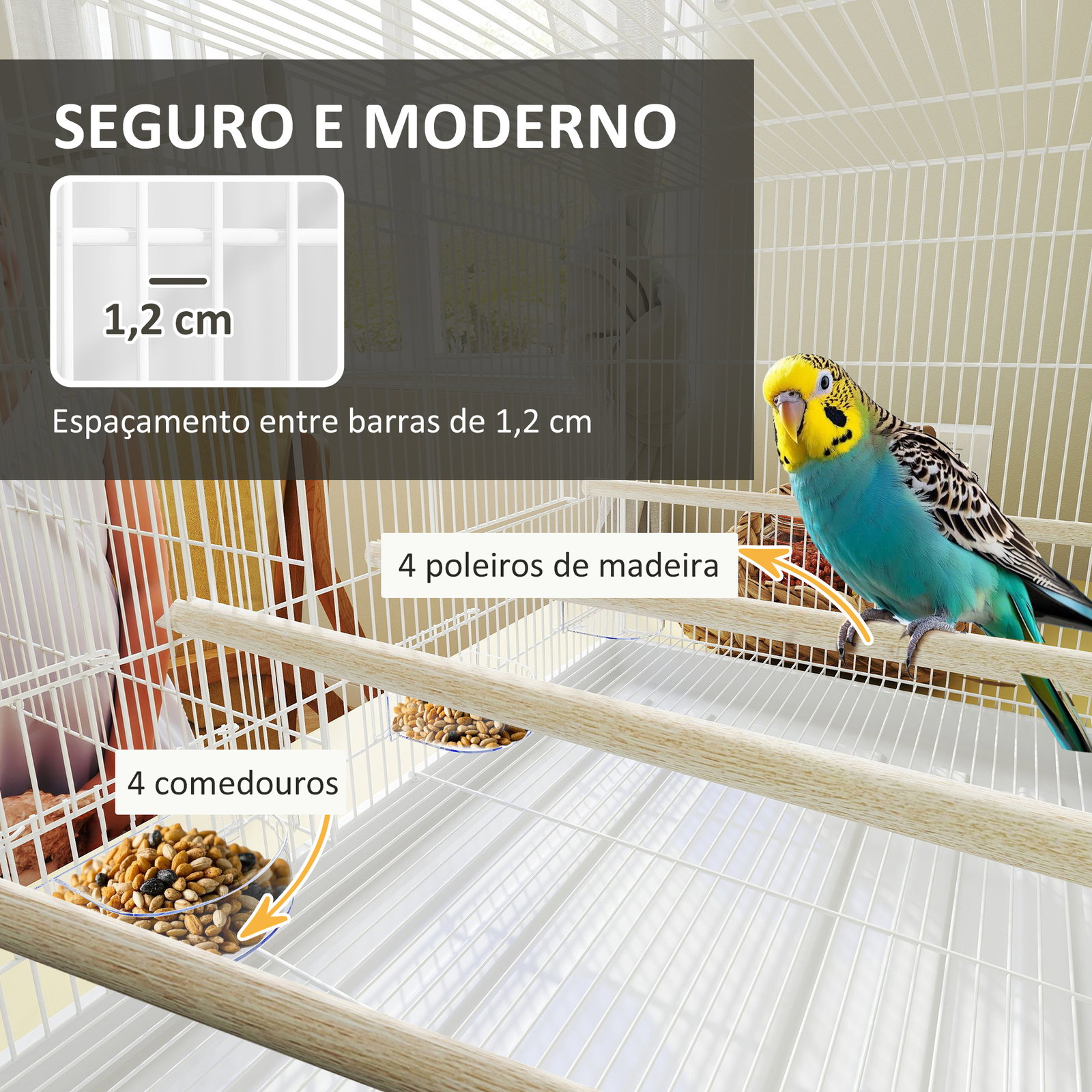 Gaiola para pássaros com divisória gaiola para aves com 4 comedouros 4 poleiros e bandeja amovível 76x46x46 cm branco