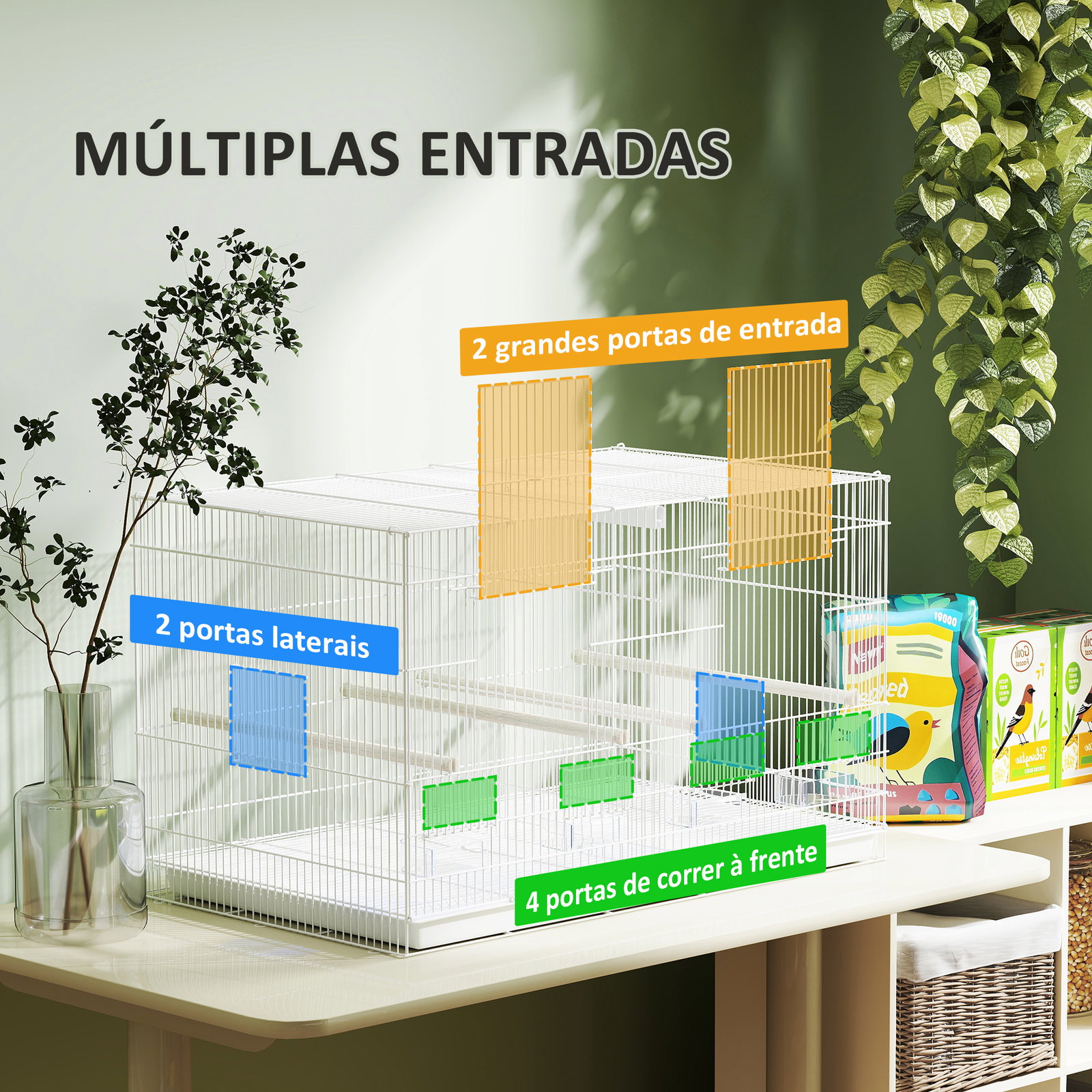 Gaiola para pássaros com divisória gaiola para aves com 4 comedouros 4 poleiros e bandeja amovível 76x46x46 cm branco