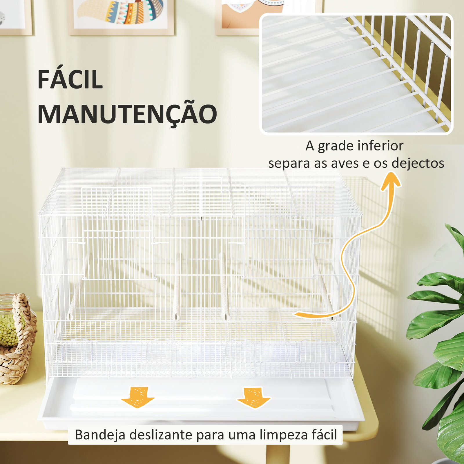 Gaiola para pássaros com divisória gaiola para aves com 4 comedouros 4 poleiros e bandeja amovível 76x46x46 cm branco