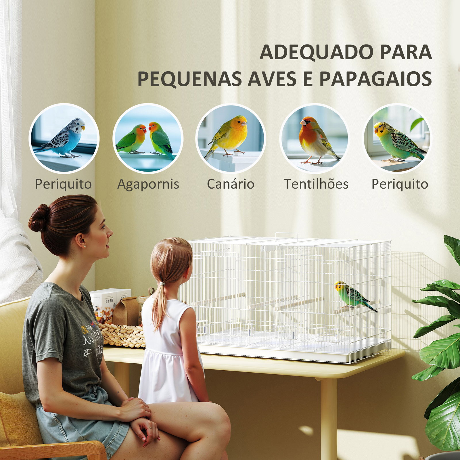Gaiola para pássaros com divisória gaiola para aves com 4 comedouros 4 poleiros e bandeja amovível 76x46x46 cm branco