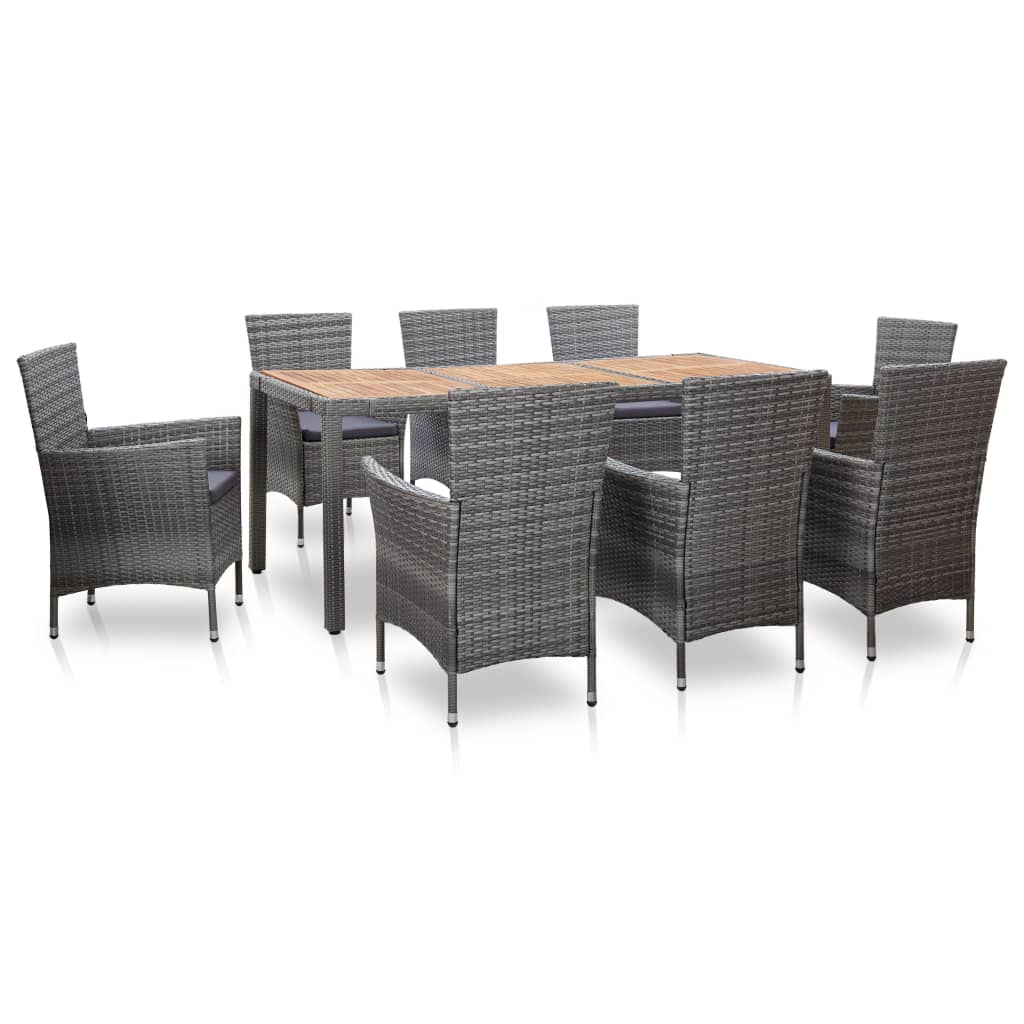 9 Pcs conjunto jantar exterior c/ almofadões vime PE cinzento