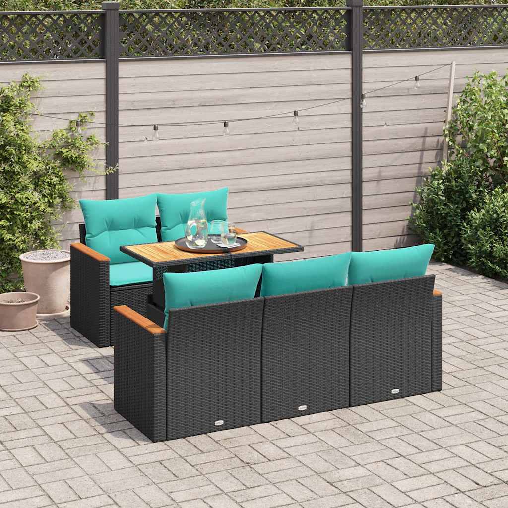 6 Pcs conjunto sofás de jardim c/ almofadões vime PE preto