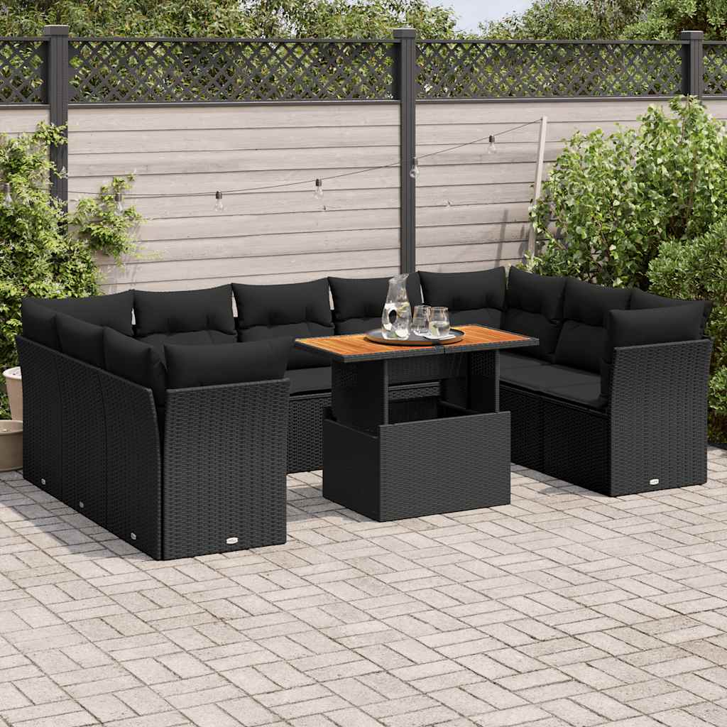 10 Pcs conjunto sofás de jardim c/ almofadões vime PE preto