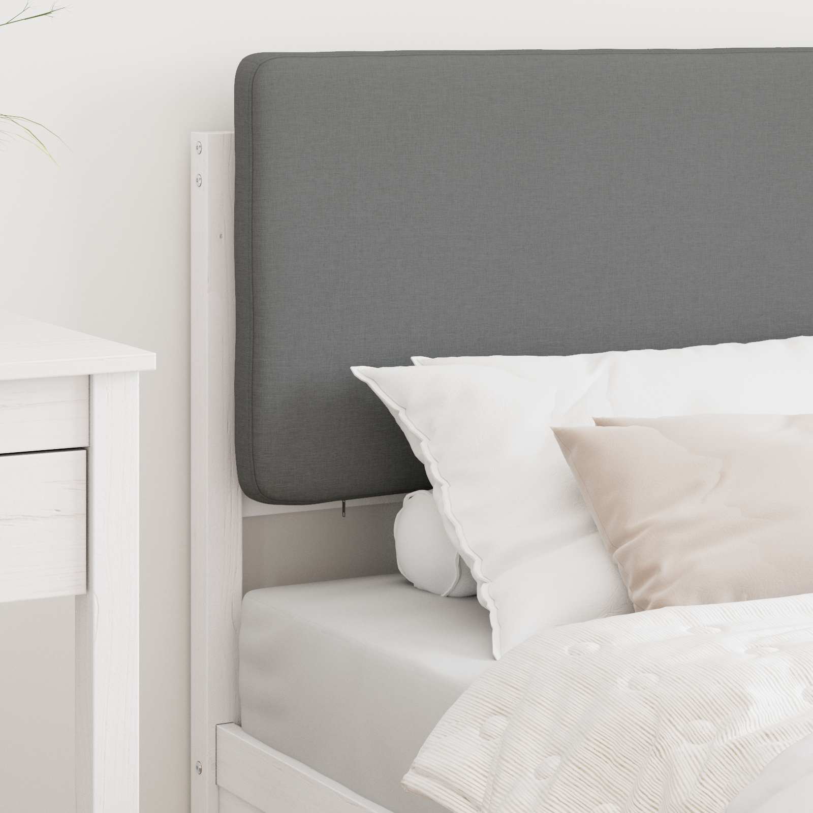 Estrutura de cama com cabeceira estofada cinzento-claro