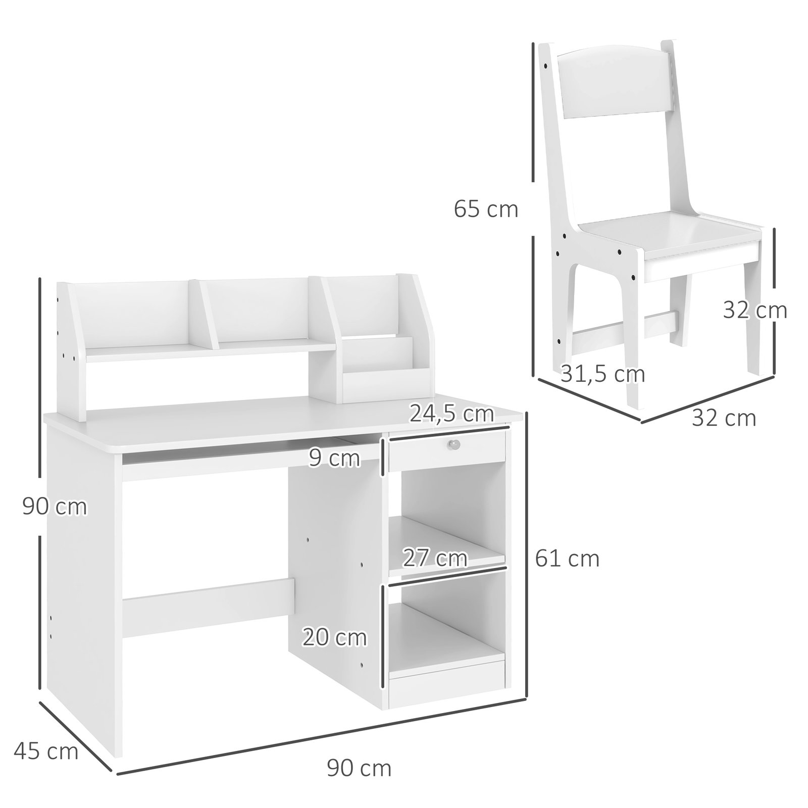 Conjunto de secretária e cadeira para crianças com 2 gavetas e compartimento para dormitório sala de estudo branco