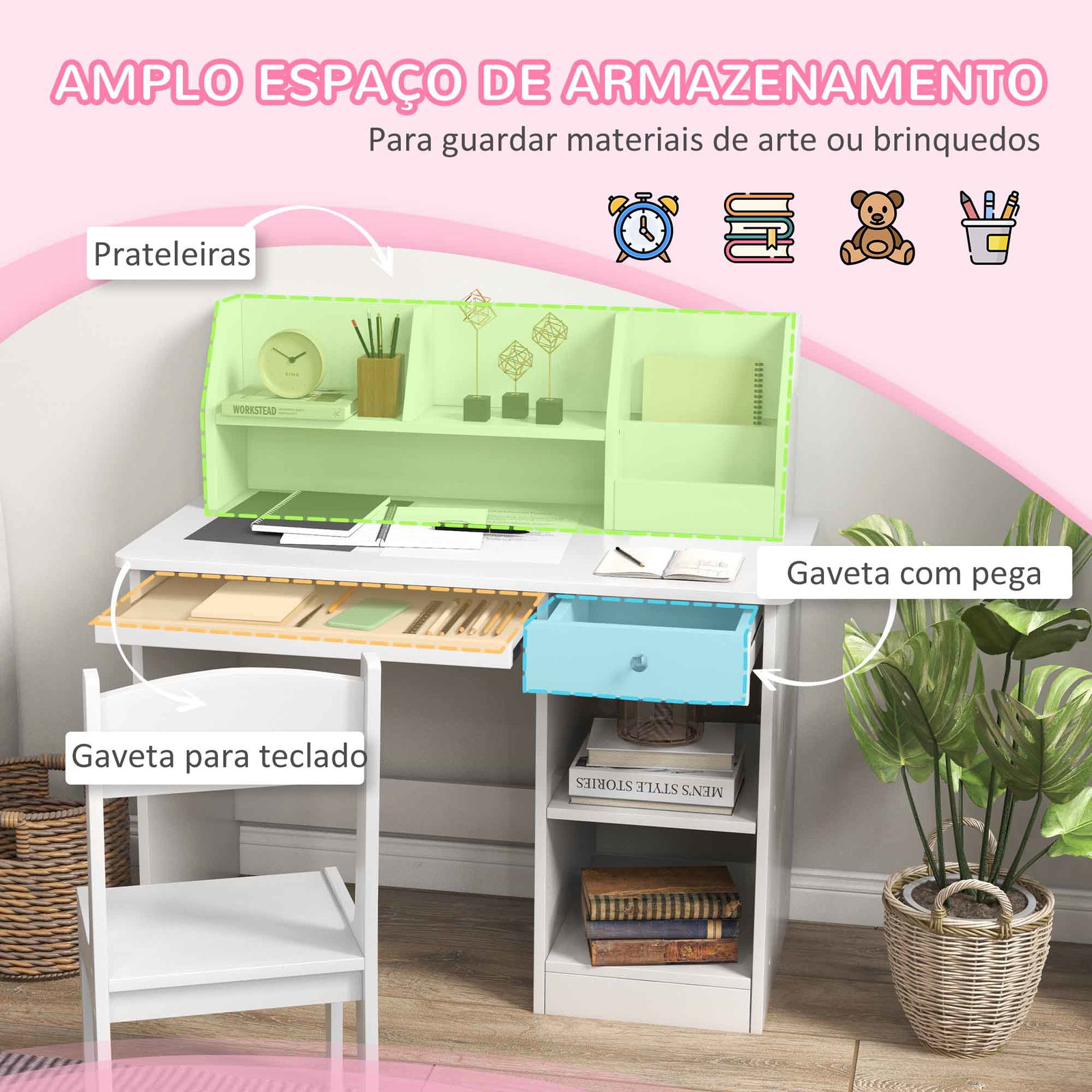 Conjunto de secretária e cadeira para crianças com 2 gavetas e compartimento para dormitório sala de estudo branco