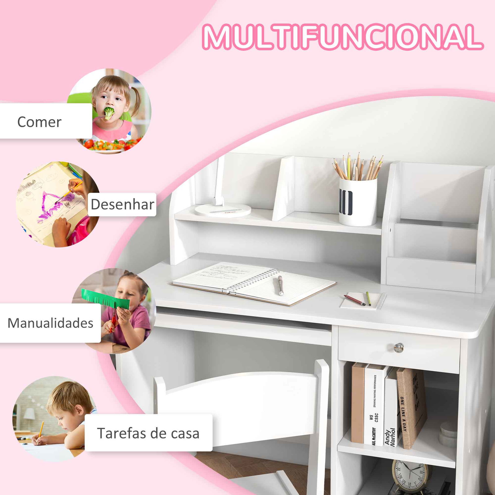 Conjunto de secretária e cadeira para crianças com 2 gavetas e compartimento para dormitório sala de estudo branco