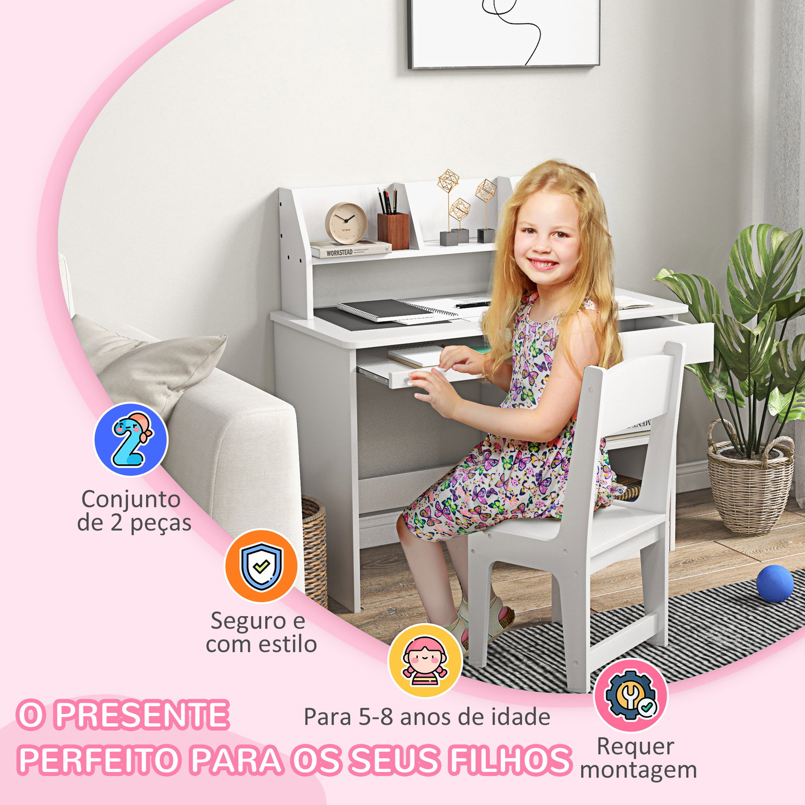 Conjunto de secretária e cadeira para crianças com 2 gavetas e compartimento para dormitório sala de estudo branco