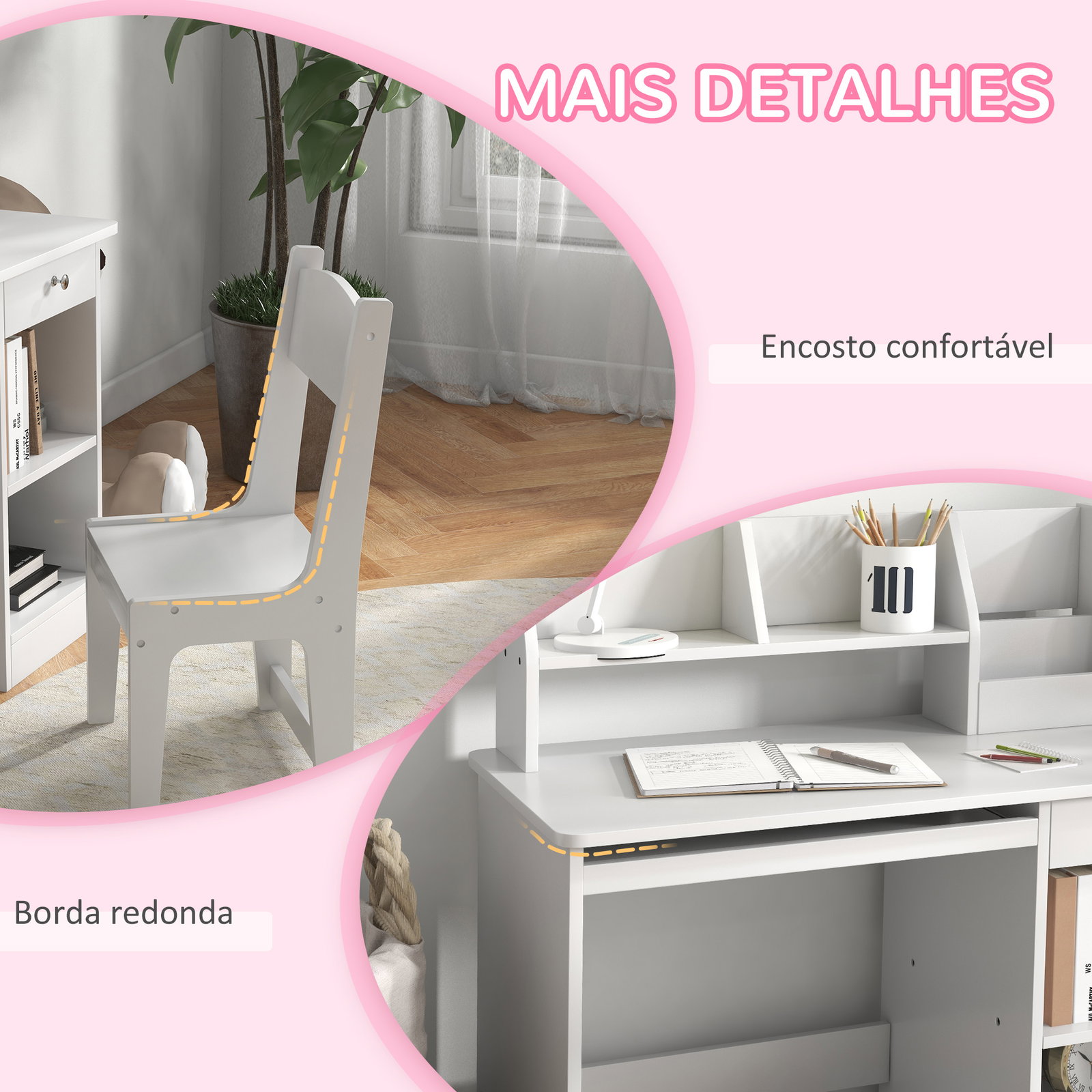 Conjunto de secretária e cadeira para crianças com 2 gavetas e compartimento para dormitório sala de estudo branco