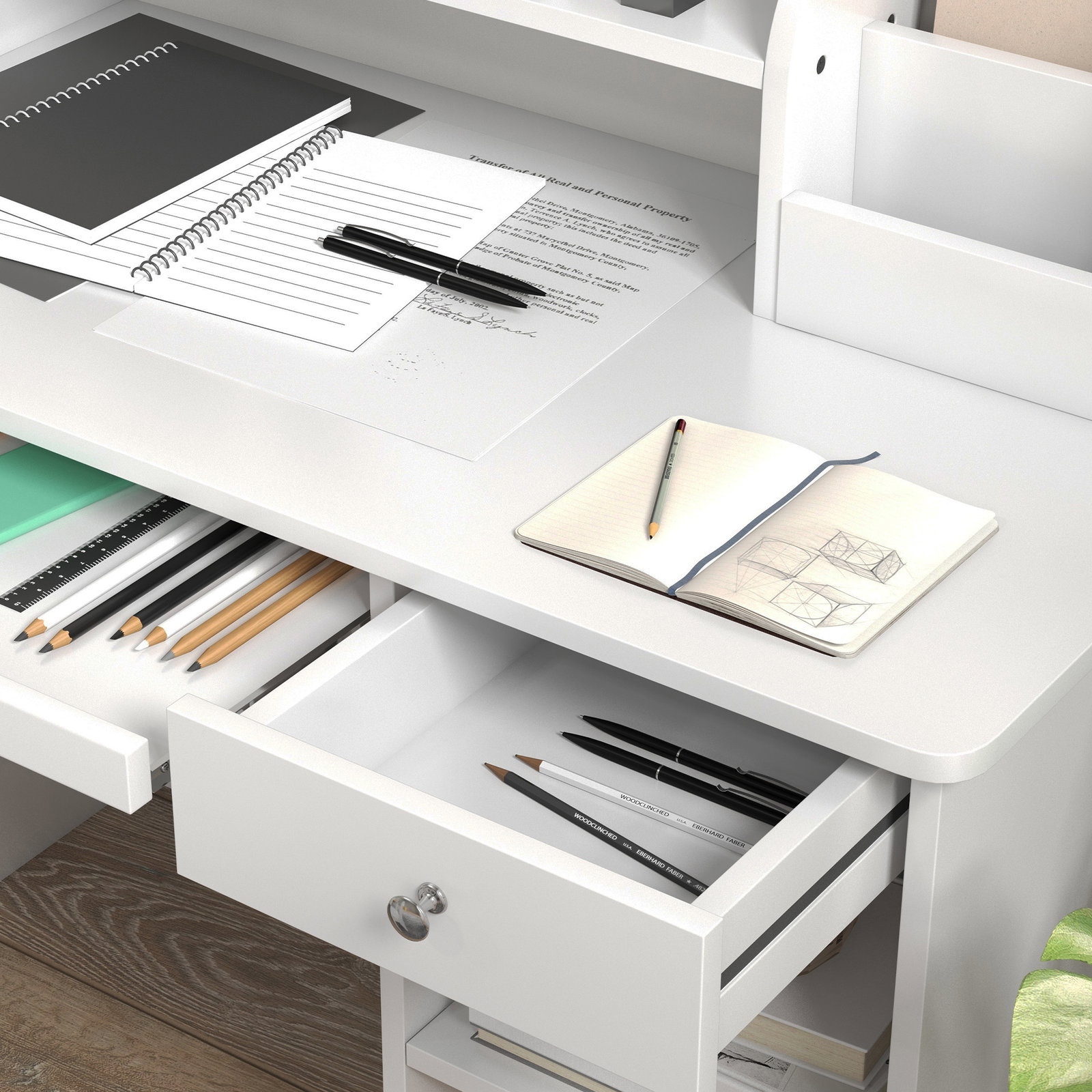 Conjunto de secretária e cadeira para crianças com 2 gavetas e compartimento para dormitório sala de estudo branco