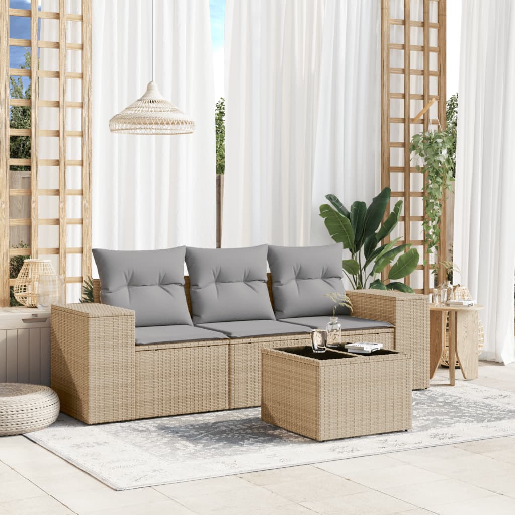 4 Pcs conjunto de sofás para jardim c/ almofadões vime PE bege