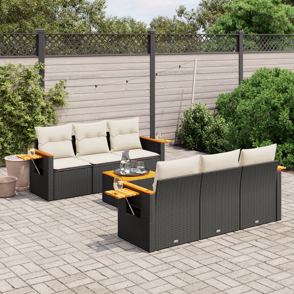 7 Pcs conjunto de sofás p/ jardim c/ almofadões vime PE preto