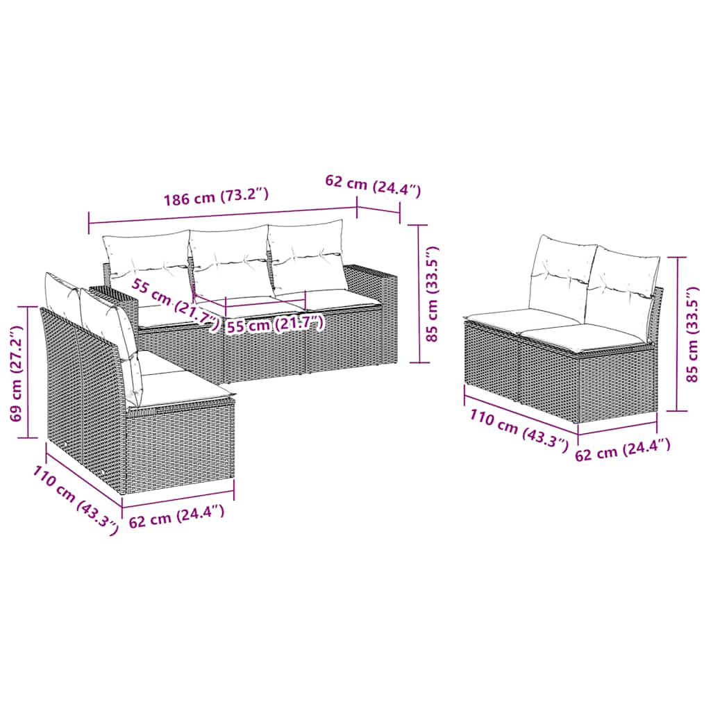 7 Pcs conjunto de sofás jardim c/ almofadões vime PE castanho