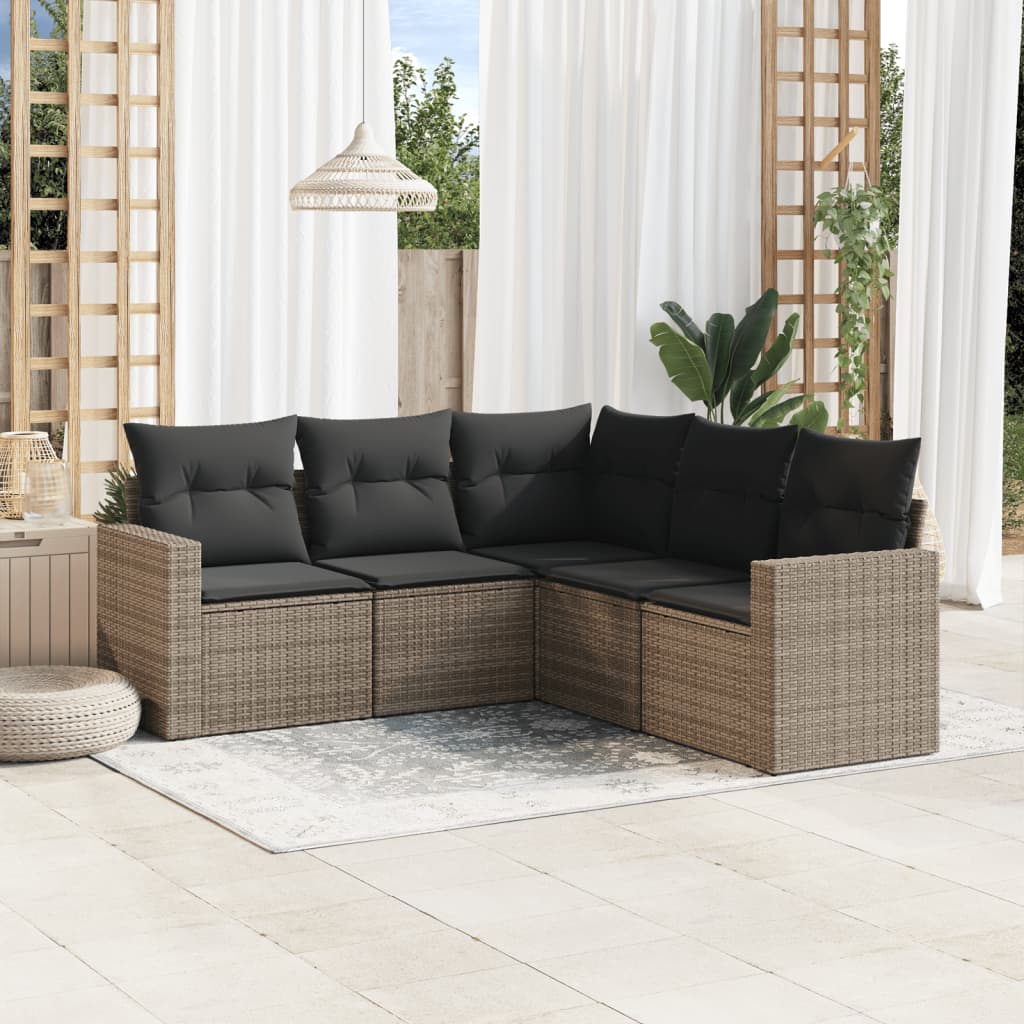 5 Pcs conjunto sofás de jardim c/ almofadões vime PE cinzento