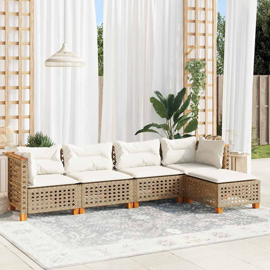 5 Pcs conjunto de sofás p/ jardim com almofadões vime PE bege