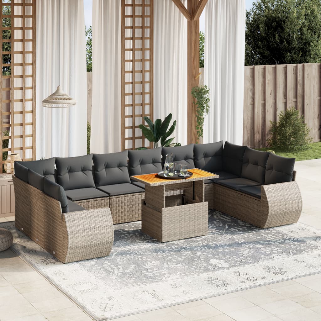 11 Pcs conjunto sofás de jardim c/ almofadões vime PE cinzento