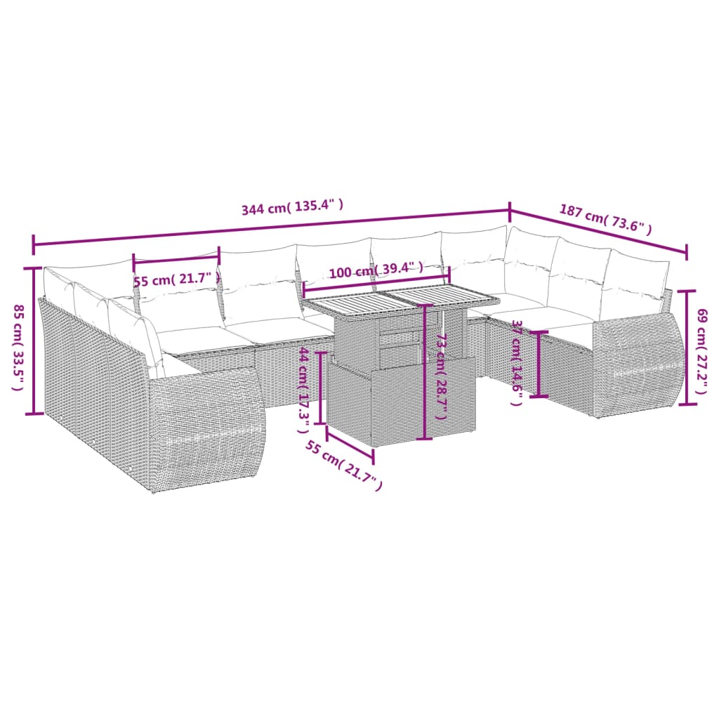 11 Pcs conjunto sofás de jardim c/ almofadões vime PE cinzento