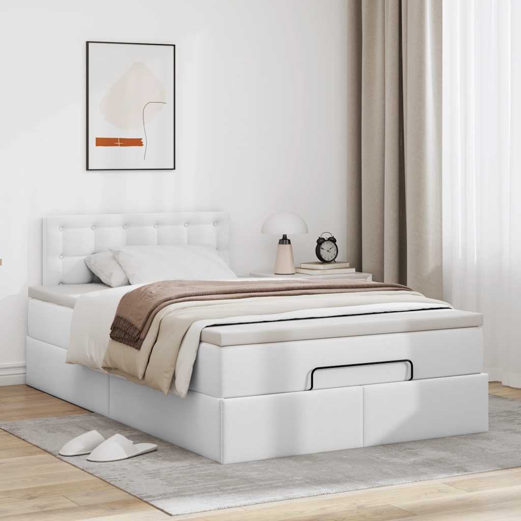 Estrutura de cama otomana com colchão branco couro falso