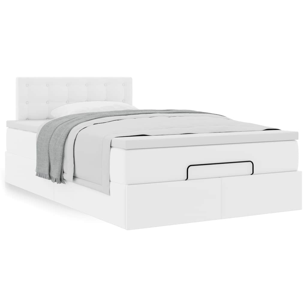 Estrutura de cama otomana com colchão branco couro falso