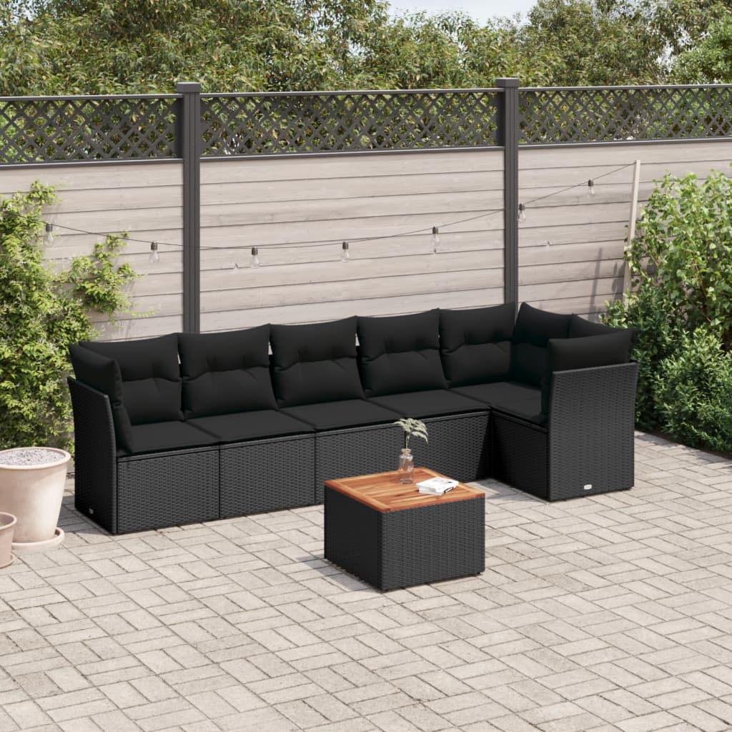 7 Pcs conjunto de sofás p/ jardim c/ almofadões vime PE preto