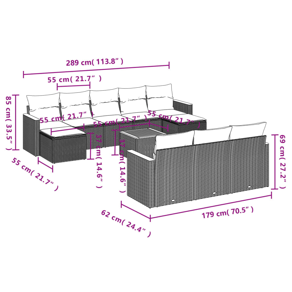 11 Pcs conjunto sofás de jardim c/ almofadões vime PE preto