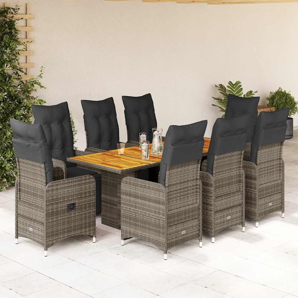 9 Pcs conjunto bistrô de jardim c/ almofadões vime PE cinzento