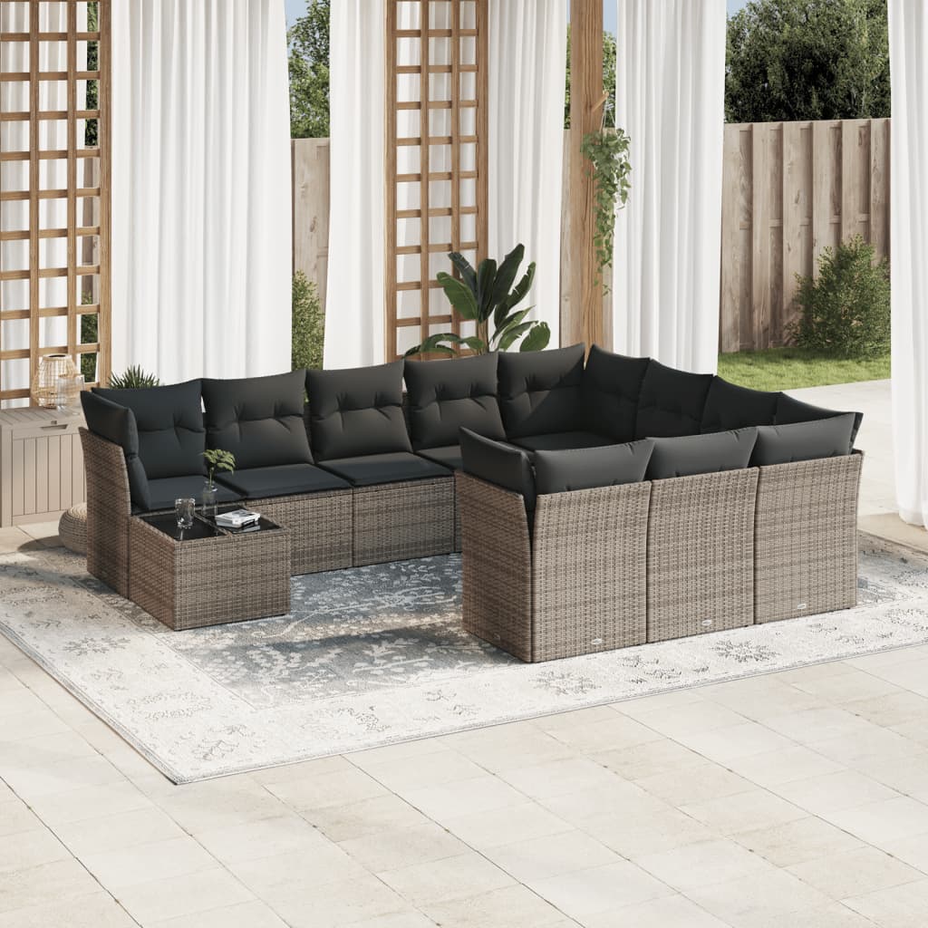 11 Pcs conjunto sofás de jardim c/ almofadões vime PE cinzento