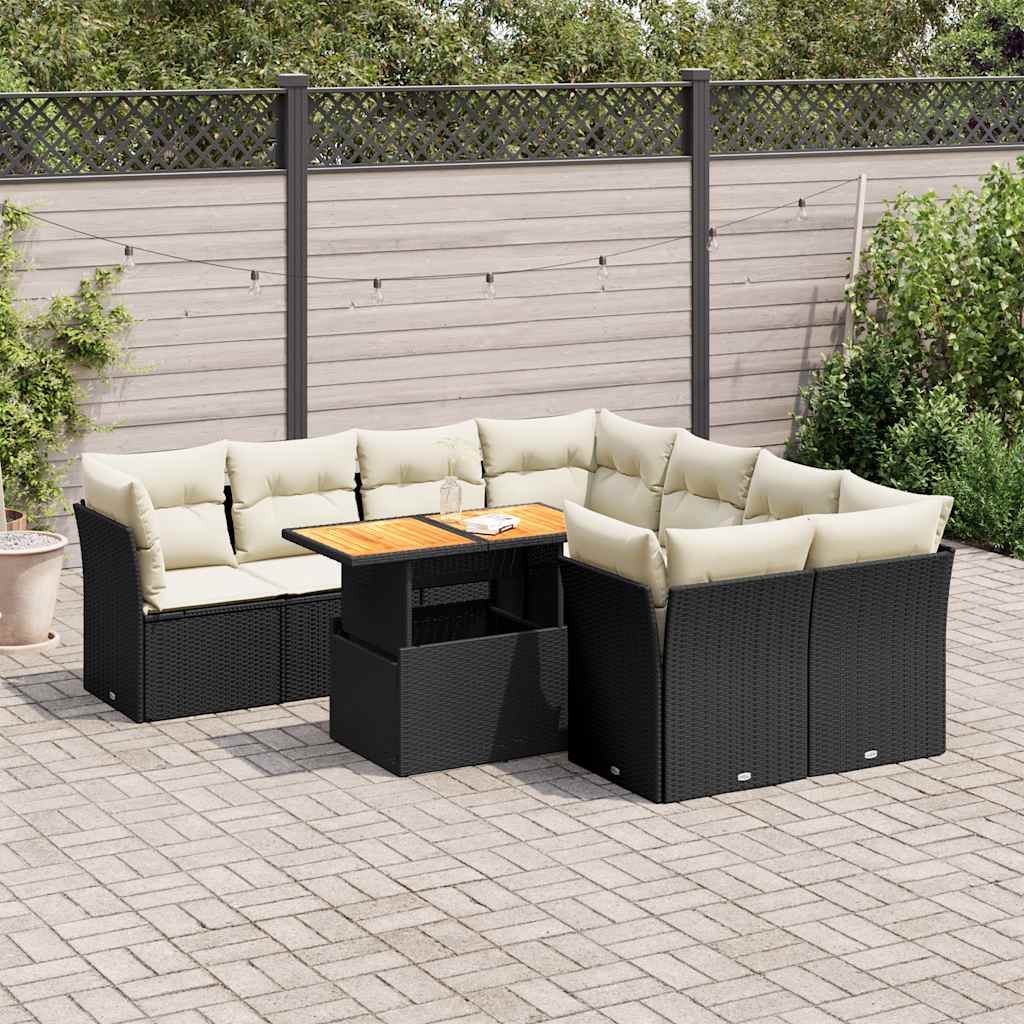 9 Pcs conjunto de sofás p/ jardim c/ almofadões vime PE preto