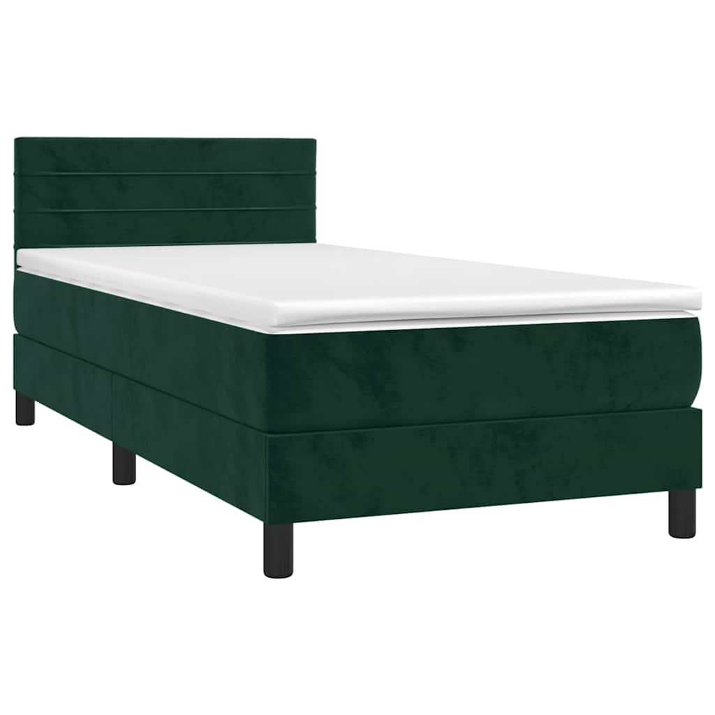 Cama box spring c/ colchão/LED 90x190 cm veludo verde-escuro