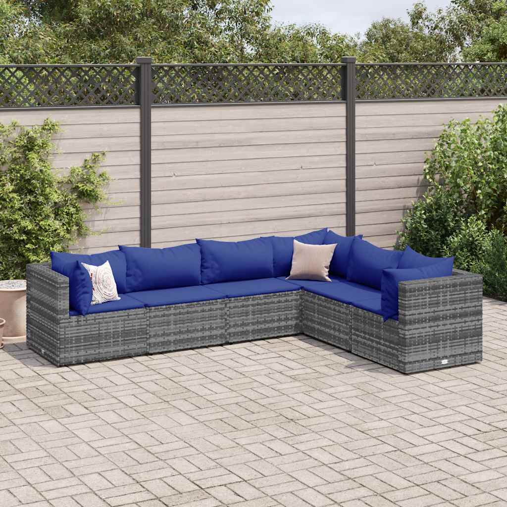 6 Pcs conjunto lounge de jardim c/ almofadões vime PE cinzento