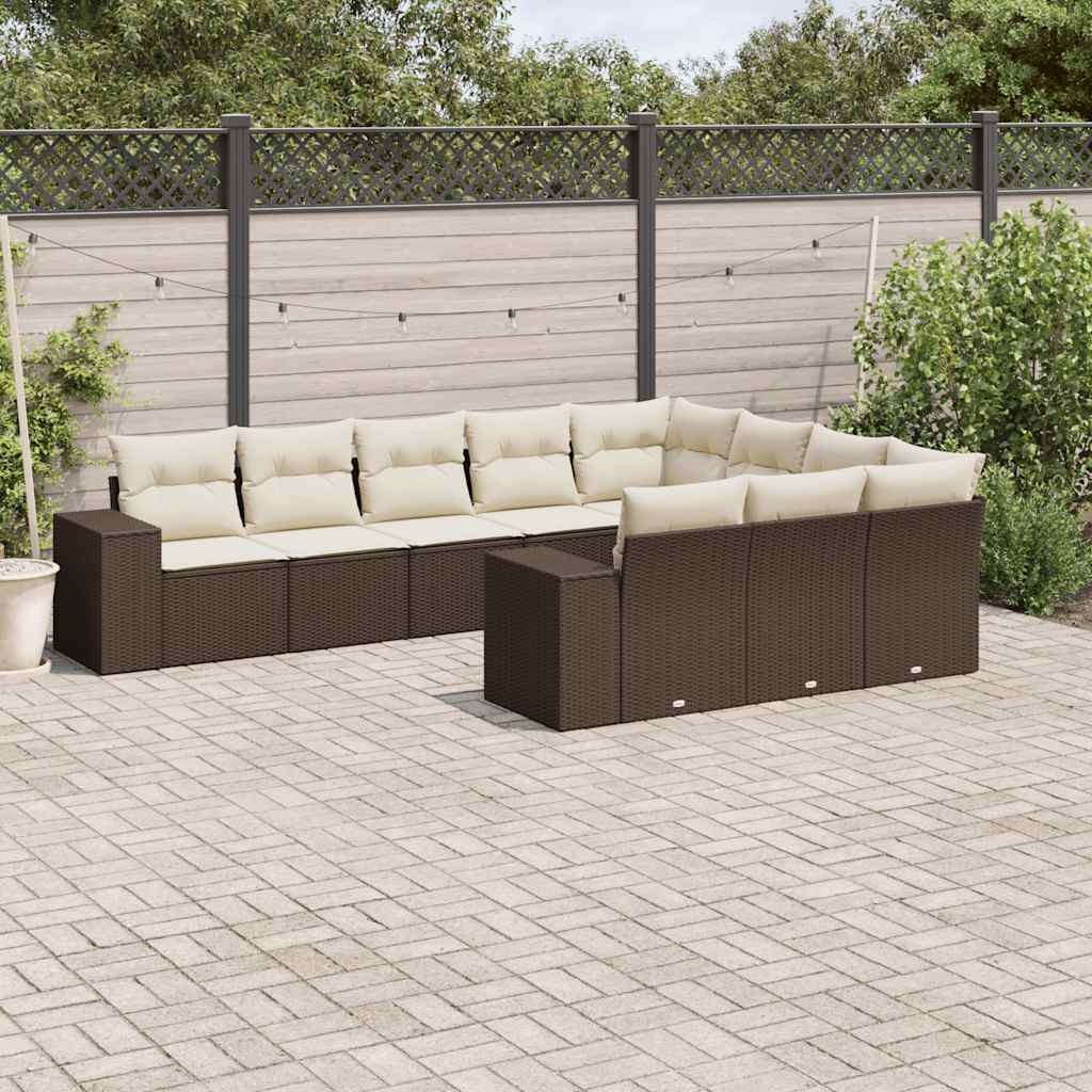 10 Pcs conj. sofás jardim com almofadões vime PE castanho