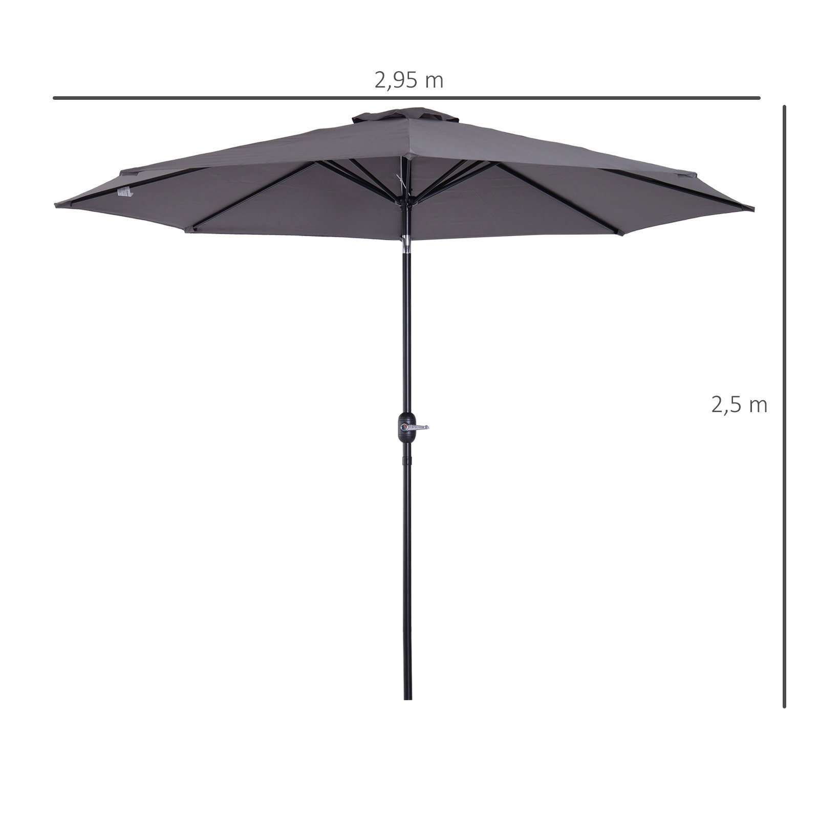 Chapéu de sol de jardim ø295x250cm com manivela chapéu de sol exterior com mecanismo de inclinação e mastro desmontável de metal para terraço piscina pátio cinza escuro