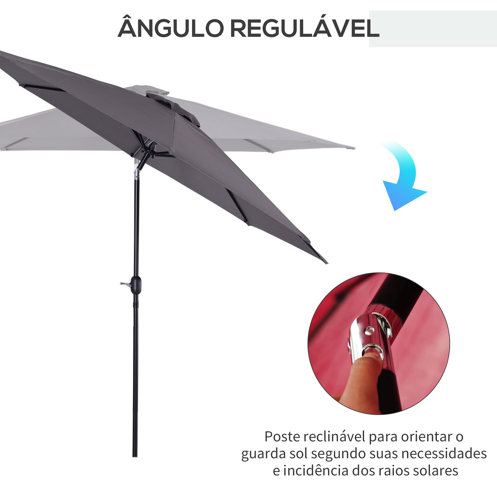 Chapéu de sol de jardim ø295x250cm com manivela chapéu de sol exterior com mecanismo de inclinação e mastro desmontável de metal para terraço piscina pátio cinza escuro
