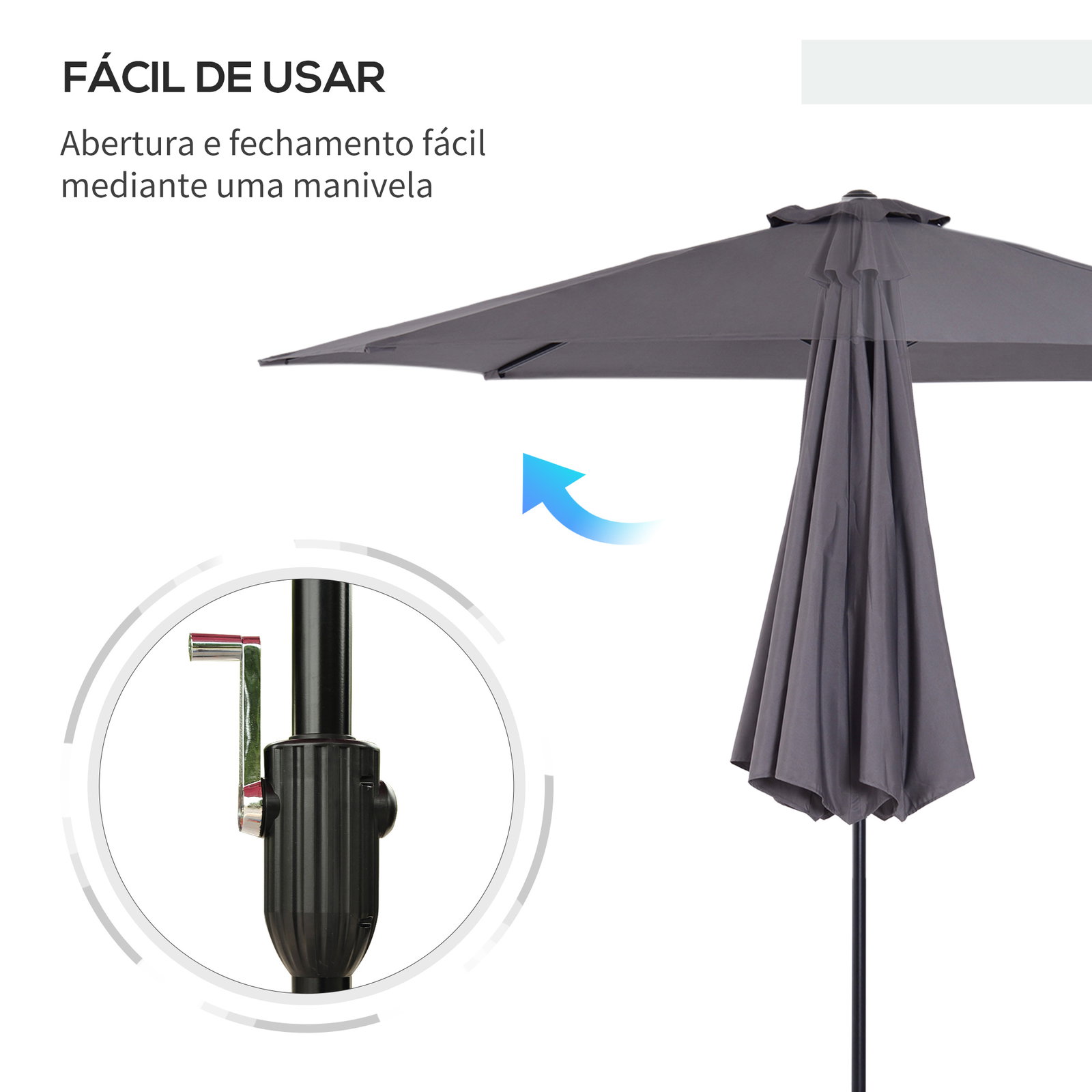 Chapéu de sol de jardim ø295x250cm com manivela chapéu de sol exterior com mecanismo de inclinação e mastro desmontável de metal para terraço piscina pátio cinza escuro