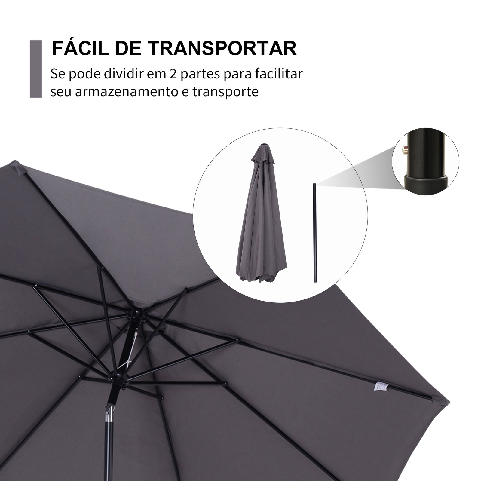 Chapéu de sol de jardim ø295x250cm com manivela chapéu de sol exterior com mecanismo de inclinação e mastro desmontável de metal para terraço piscina pátio cinza escuro